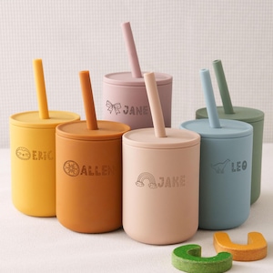 Silicone Baby Cup with Name 7oz, Baby Gift, Back to School, Toddler Silicone Cup 200 ml, Custom Non-Spill Baby Training Cup with Straw