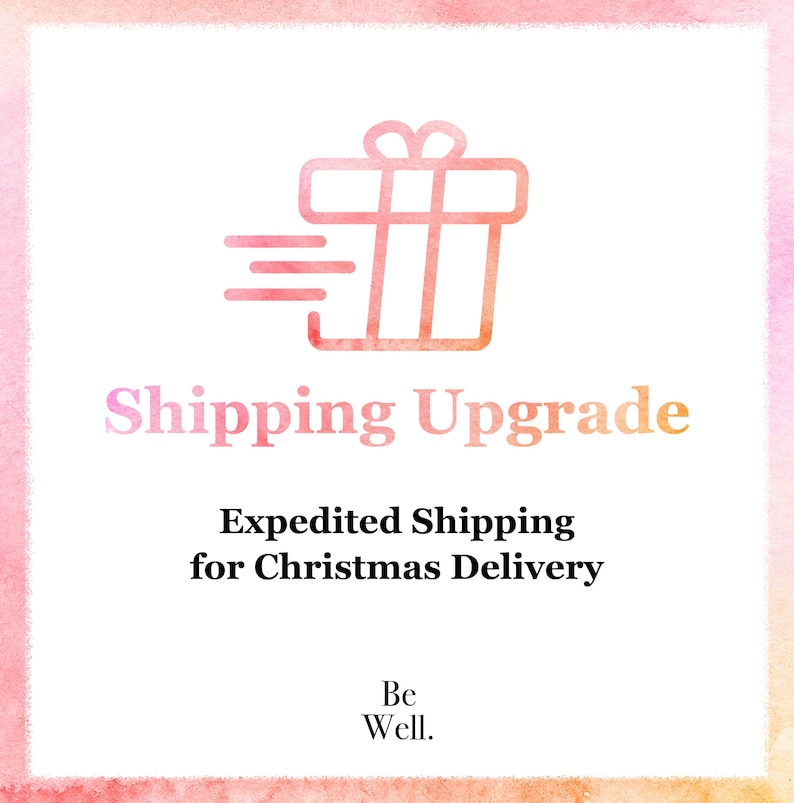 The image is a promotional graphic for shipping an upgrade for Christmas delivery. It features a stylized gift icon and the text "Shipping Upgrade" in a gradient color scheme. The text below the gift icon states "Expedited Shipping for Christmas Delivery". The phrase "Be Well" is also included in the image.