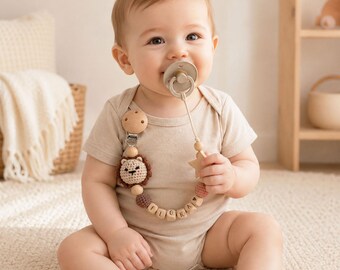 Custom Name Pacifier Holder with Crochet Animal, Personalized Baby Accessory, Newborn Keepsake, Baby Shower and New Mom Gift [N]