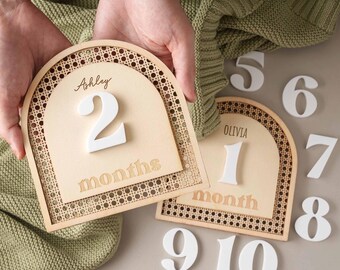 Personalized Baby Monthly Milestones, New Baby Gift, Engraved Name Milestones, Wooden Milestone Cards, Baby Photo Sign