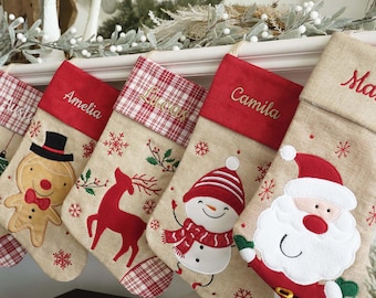 2025 Personalized Tartan Stocking, Gift, Embroidered Xmas Stockings, Santa, Reindeer, Snowman, Holiday Decor