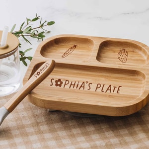 Baby Bamboo Plate with Spoon Toddler Girl Dining Set Custom Name Engraved Kids Plate Children Weaning Set 1st Birthday Gift image 1