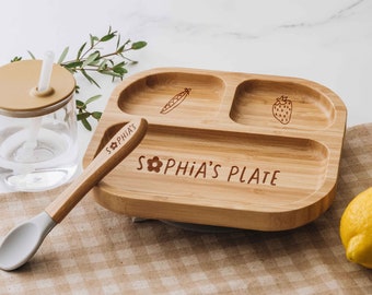 Baby Bamboo Plate with Spoon | Toddler Girl Dining Set | Custom Name Engraved Kids Plate | Children Weaning Set | 1st Birthday Gift