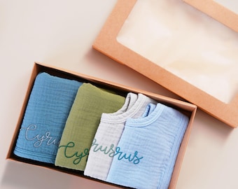 Burp Cloth and Baby Bib Set of 4, New Mom Gift, Baby Shower Gift, Baby Gift, Embroidered Newborn Gift, Baby Boy, Girl Bib with Name