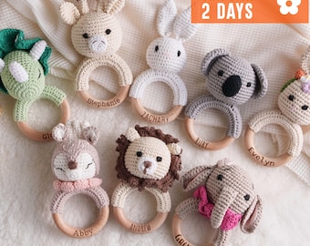 Personalized Toy Rattle, New Mom Gift, Rattle Toy Ring, Baby Grasping Toy, Crochet Toy Rattle for Baby, Newborn Gifts [W]