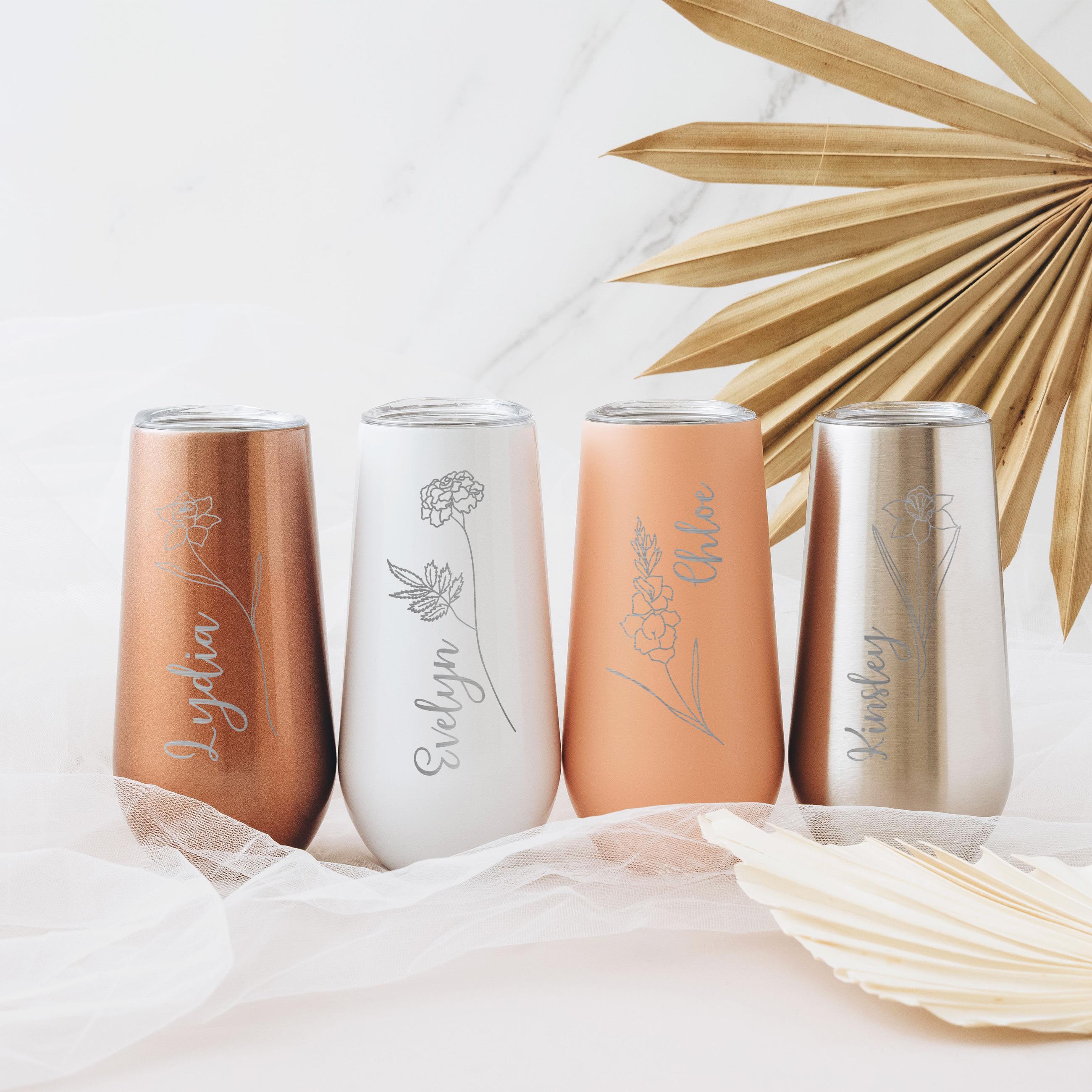 Personalized Champagne Flute Tumbler, Gift for Her, Tumbler Birth Month Flower, Party Favors Champagne Tumbler, Christmas Gift Women
