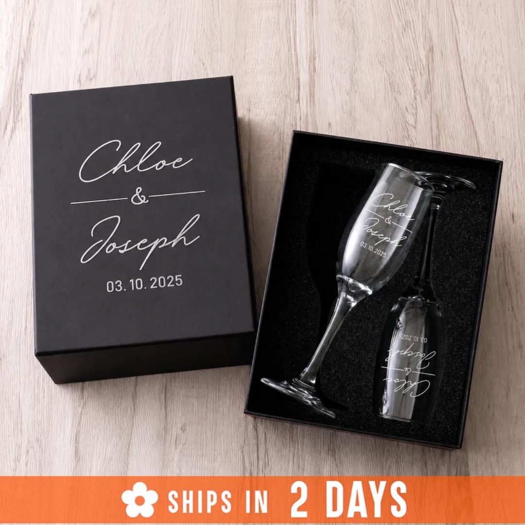 Personalized Champagne Flutes Set of 2, Custom Couple Gift, Bride and Groom Gift Set of 2, Engraved Mr & Mrs Wedding Toasting Flutes - H, 2 Glass (Engraved) +Box (No Engraved)