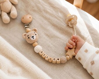 Personalized Crochet Pacifier Clip with Name on Wooden Beads, Animal Soother Holder, Dummy Clip for Baby Shower & New Mom Gift [N]