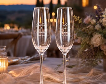 Lot de 2 flûtes à champagne personnalisées, cadeau de fiançailles, verres pour le mariage de M. et Mme, flûtes grillagées gravées pour les mariés