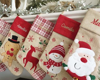 2025 Personalized Tartan Stocking, Gift, Embroidered Xmas Stockings, Santa, Reindeer, Snowman, Holiday Decor