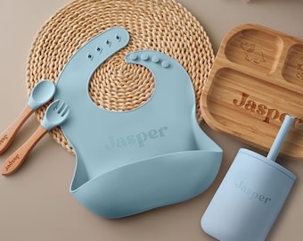 Gift for Baby, New Mom Gift, Personalized Baby Silicone Weaning Set, Custom Engraved Silicone Cup, Bamboo Plate, Baby Feeding Gift [W]