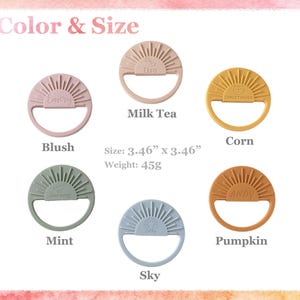 six different baby teething toys, each with a unique color and size, arranged in a grid.