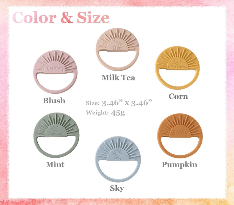 six different baby teething toys, each with a unique color and size, arranged in a grid.