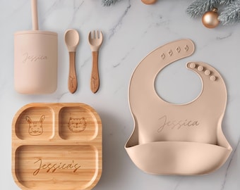 Custom Baby Gift, Silicone Baby Weaning Set, Custom Engraved Baby Bib, Baby Feeding Utensils with Name, Toddler Plate [SI-SET2]