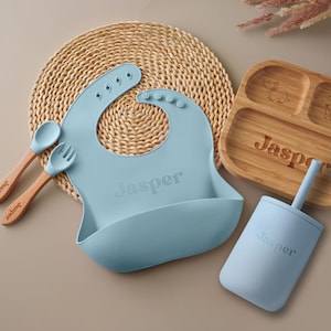Customized Baby Gift, Silicone Baby Weaning Set, Custom Engraved Baby Bib, Baby Feeding Utensils with Name, Toddler Plate image 7