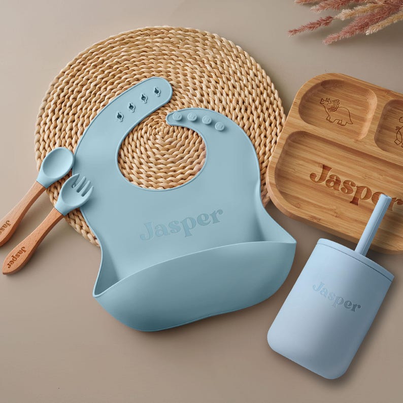 Customized Baby Gift, Silicone Baby Weaning Set, Custom Engraved Baby Bib, Baby Feeding Utensils with Name, Toddler Plate image 7