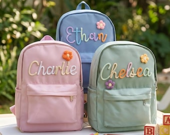 Back To School Personalized Childrens Backpack: Custom 3D Flower Monogrammed Toddler Gift Bag [R]