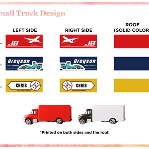 a collection of small truck designs, including a red and white truck, a white truck, and a red and blue truck, along with their respective side and roof color options.