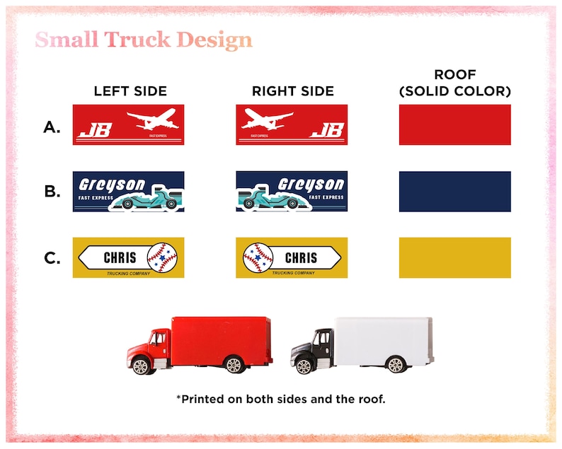 a collection of small truck designs, including a red and white truck, a white truck, and a red and blue truck, along with their respective side and roof color options.