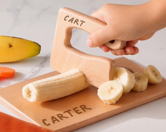 Montessori Toddler Toys, Wood Toddler Toy, Personalized Kid Knife Cutting Board Set, 1st Birthday Gift, Child Kitchen Tools