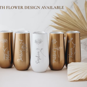 Personalized Champagne Flute Tumbler Birthday Gift, Custom Name Tumbler Birth Month Flower, Party Favors Wine Tumbler Champagne Tumbler