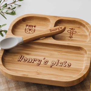 Baby Bamboo Plate with Spoon Toddler Girl Dining Set Custom Name Engraved Kids Plate Children Weaning Set 1st Birthday Gift image 10