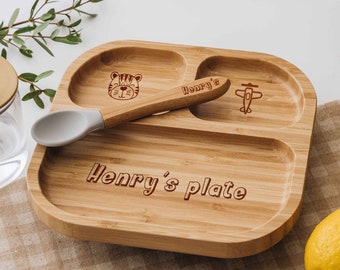 Personalized Baby Boy Bamboo Plate & Spoon | Holiday Gifts for Toddler | Custom Kids Dining Set | Children Weaning Set | 1st Birthday Gift