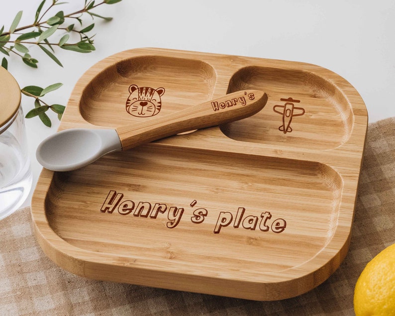 Baby Bamboo Plate with Spoon Toddler Girl Dining Set Custom Name Engraved Kids Plate Children Weaning Set 1st Birthday Gift image 10