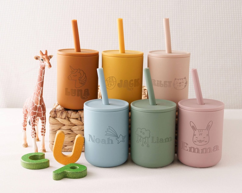Baby Silicone Cup with Straw 200 ml, Baby Gift, Personalized Engraved Toddler Cup 7 oz, 1st birthday, Non-Spill Silicone Training Cup [W] image 9