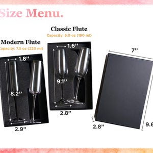 three different sizes of flutes, each with its own box, and the corresponding measurements provided.