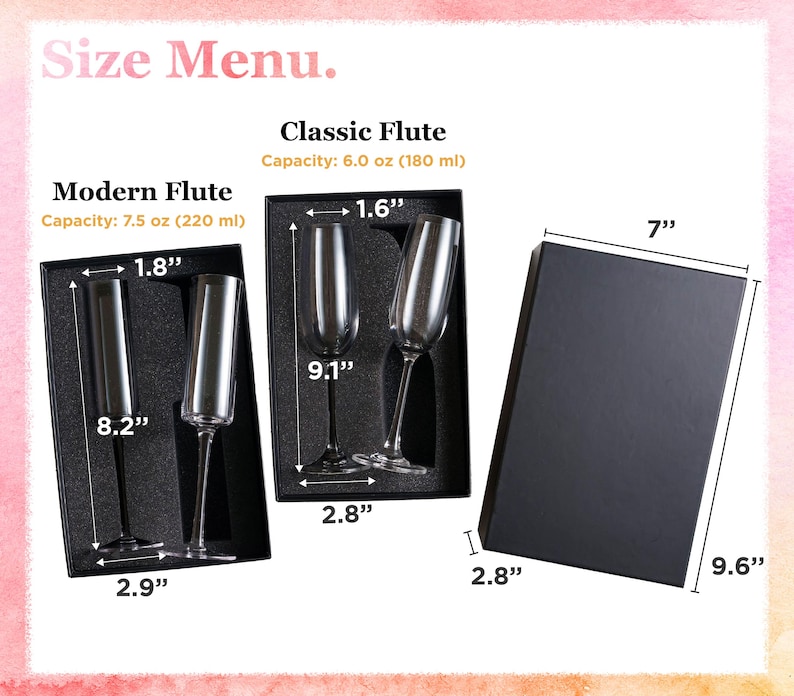 three different sizes of flutes, each with its own box, and the corresponding measurements provided.