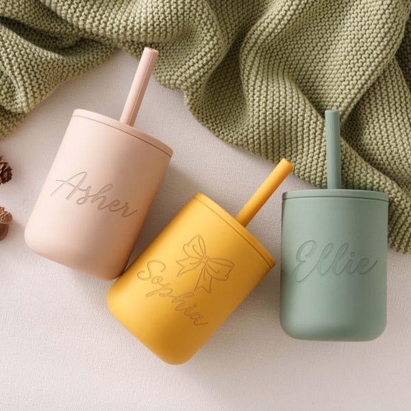 First Birthday Gift, Personalized Silicone Baby Cup with Straw 200ml, Engraved Toddler Training Cup, Non-Spill Baby Cup 7 oz [W]