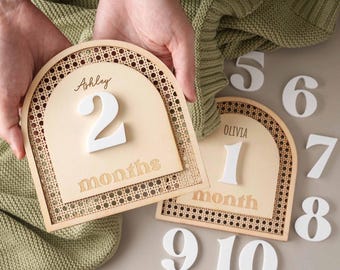 Personalized Baby Monthly Milestones, New Baby Gift, Engraved Name Milestones, Wooden Milestone Cards, Baby Photo Sign