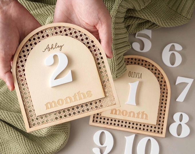 Personalized Baby Monthly Milestones, New Baby Gift, Engraved Name Milestones, Wooden Milestone Cards, Baby Photo Sign