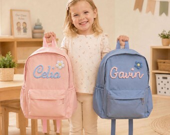 Custom Embroidered Kids Bookbag: 3D Chenille Lettering and Crochet Flower [R]