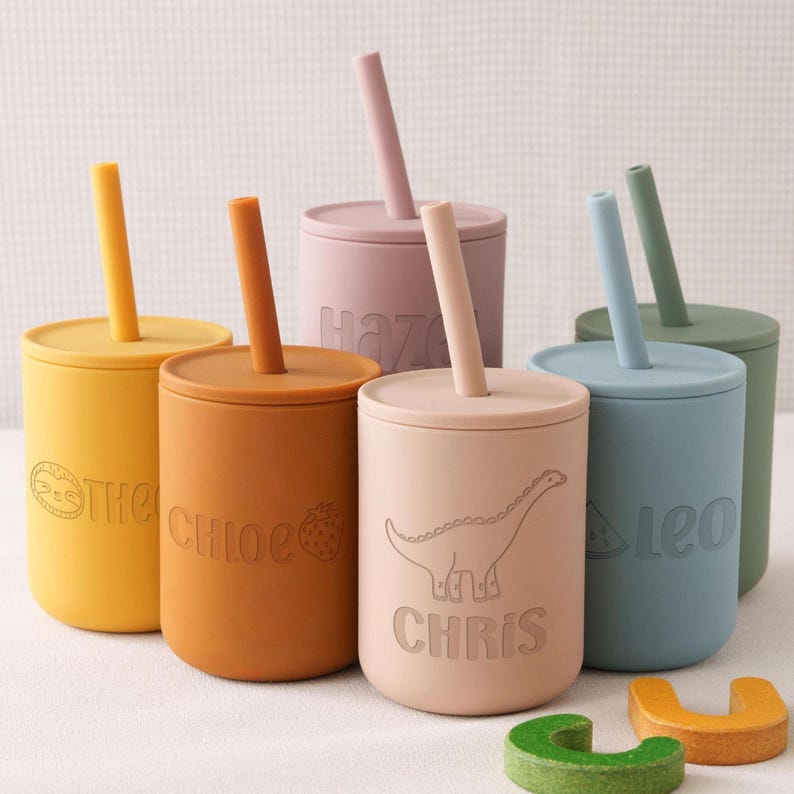 Baby Silicone Cup with Straw 200 ml, Baby Gift, Personalized Engraved Toddler Cup 7 oz, 1st birthday, Non-Spill Silicone Training Cup [W] image 1