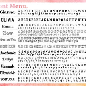 a font menu with various font names and sizes, including Gianna, Olivia, Emma, Zoe, Amelia, Sophie, Isabella, Evelyn, Hannah, Elizabeth, and Scarlettt.