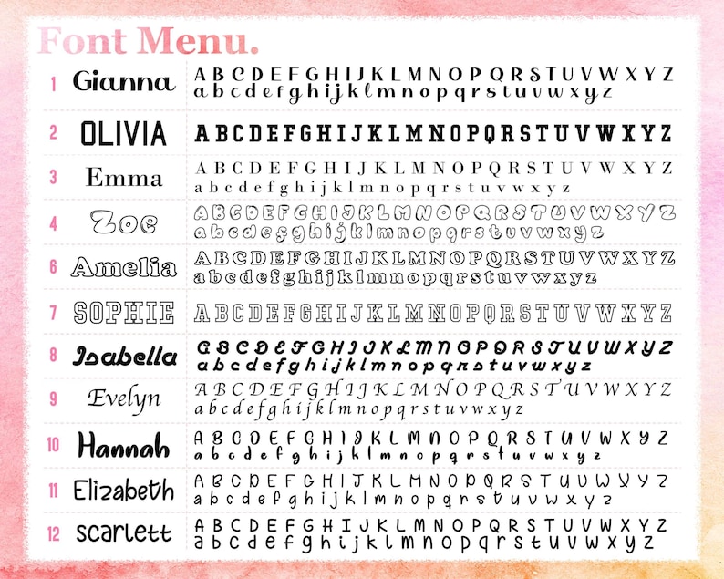 a font menu with various font names and sizes, including Gianna, Olivia, Emma, Zoe, Amelia, Sophie, Isabella, Evelyn, Hannah, Elizabeth, and Scarlettt.
