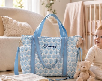 Embroidered Floral Block Print Tote, Quilted Cotton Diaper Bag, Monogram Mommy Bag [N]