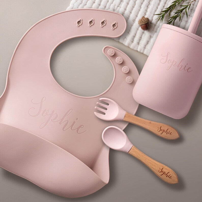 Customized Baby Gift, Silicone Baby Weaning Set, Custom Engraved Baby Bib, Baby Feeding Utensils with Name, Toddler Plate image 5