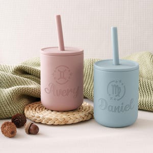 Baby Silicone Cup with Straw 200 ml, Baby Gift, Personalized Engraved Toddler Cup 7 oz, 1st birthday, Non-Spill Silicone Training Cup [W] image 6