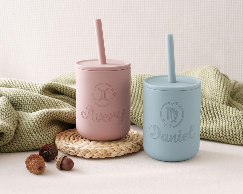 Baby Silicone Cup with Straw 200 ml, Baby Gift, Personalized Engraved Toddler Cup 7 oz, 1st birthday, Non-Spill Silicone Training Cup [W] image 6