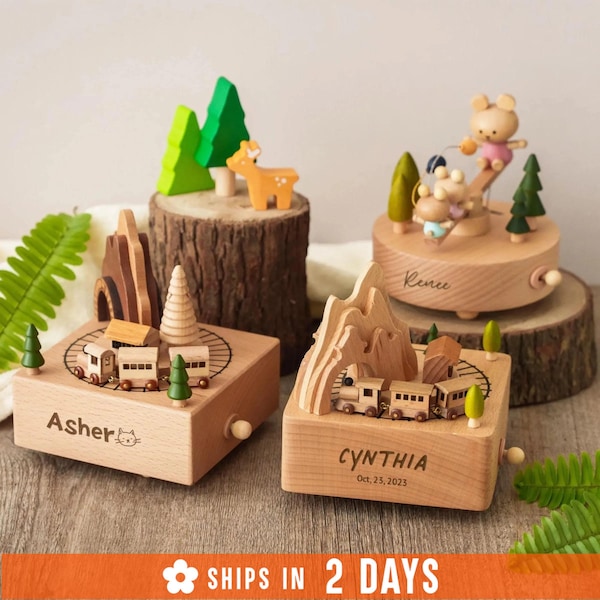 Personalized Wooden Train Music Box, New Mom Gift, New Baby Gift, Keepsake Gift for Kids, Engraved Name Music Box [T]