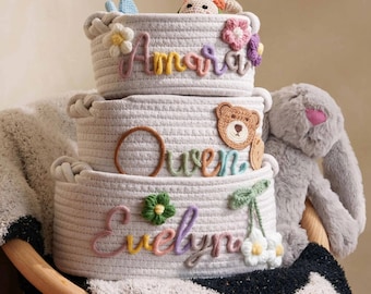 Hand Embroidered Baby Name Basket, New Mom Gift, Personalized Newborn Gift, Handmade Cotton Rope Basket, Easter Gift, Baby Shower Basket