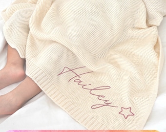 Manta de bebé de punto personalizada / Regalo de baby shower / Manta de guardería con nombre bordado / Regalo personalizado para recién nacidos / Manta de cochecito de punto de algodón