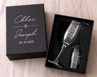 Personalized Champagne Flutes Set of 2, Engagement Gift, Mr and Mrs Wedding Glasses, Engraved Toasting Flutes for Bride and Groom Gift