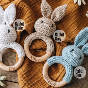 Crochet Toy Rattle for Babies, Baby Shower Gifts, Custom Wooden Baby Rattle, Newborn Gifts, Gift for Nephew Niece, Engraved Rattle with Name image 3