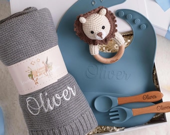 Baby Girl or Boy Gift Set, Embroidered Knit Blanket, Choice of 8 Animal Rattles, Silicone Feeding Set, Personalized New Baby Gift Box [W]