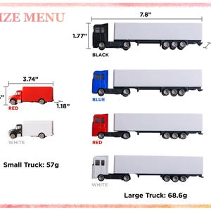 the size of a semi truck is shown in three different colors
