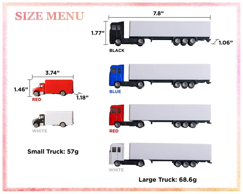 the size of a semi truck is shown in three different colors